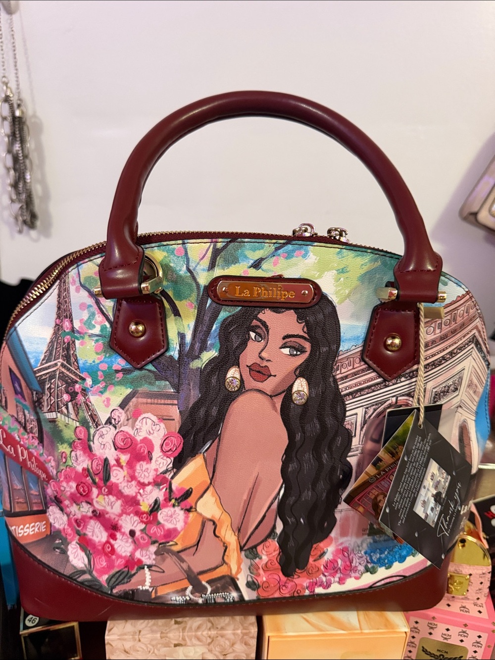 La Phillipe Burgundy Handle Floral Illustration Dome Satchel